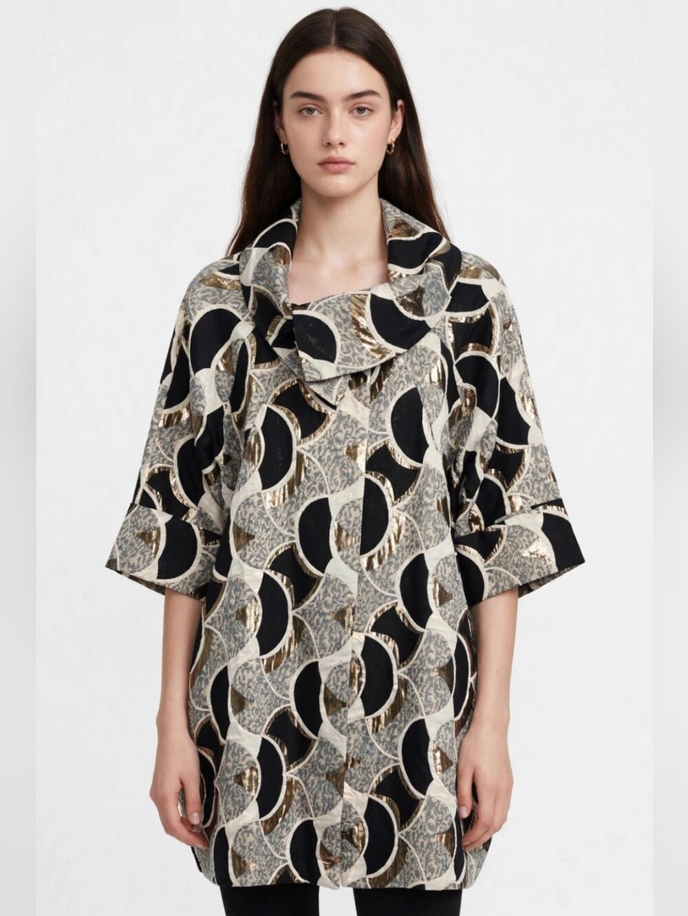 Joseph Ribcoff Brocade Open-Front Cocoon Jacket in Black, Gold and Cream